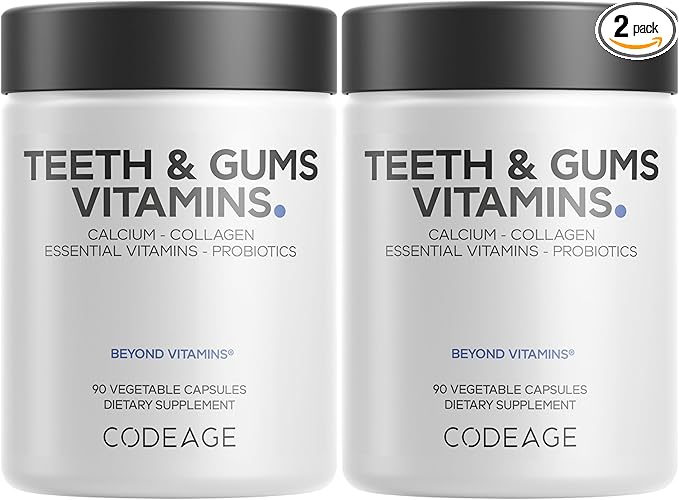 Codeage Teeth & Gums Vitamins + Oral Probiotics Supplement for Mouth - Whole Food Calcium, Collagen, Potassium, Vitamin C, D3, K2, Zinc – Oral Care & Dental Multivitamin Supplements - 2 Pack