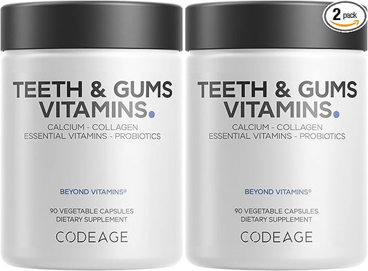 Codeage Teeth & Gums Vitamins + Oral Probiotics Supplement for Mouth - Whole Food Calcium, Collagen, Potassium, Vitamin C, D3, K2, Zinc – Oral Care & Dental Multivitamin Supplements - 2 Pack