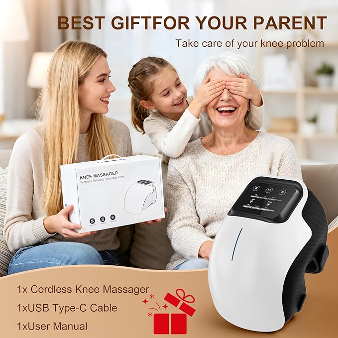 Knee Massager with Heat, Smart Knee Massager with 3 Vibration Modes and 3 Heating Levels, 3-in-1 Cordless Design, Touch LED Screen, Adjustable Straps, Gift for Men and Wome