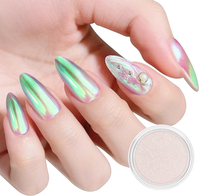 Artdone Green Aurora Chrome Nail Powder, Iridescent Unicorn Powder Metallic Mirror Effect Pigment Pearlescent Mermaid Pearl Glitter Dust Kit, Nail Art Decoration, Resin Craft