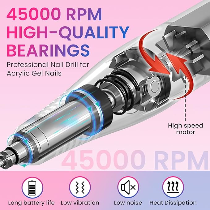 45000RPM Professional Cordless Portable Nail Drill Cordless Low Noise Nail Filer Electric Machine with Efile Bits & Base for Acrylic Nails, Nail Buffer Machine for Salon Home (Pink and Blue)