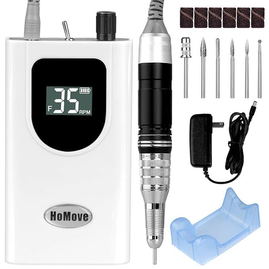 Professional Nail Drill Machine, HoMove 35000RPM Portable Nail Drills, Rechargeable Efile Nails Drill, Low Heat Electric Nail File for Acrylic Gel Nails（Pearl White）