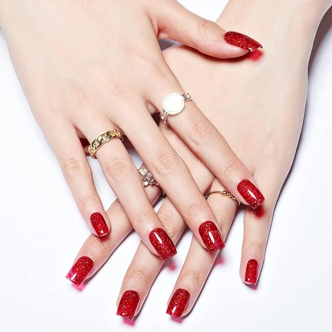GLAMERMAID Glitter Bright Red Press on Nails Medium Square, Handmade Jelly Soft Gel Nails Square Fake Nails, Glossy Stick Glue on Nails Kit for Women, Reusable Stick on Acrylic Fake Nails Manicure Set
