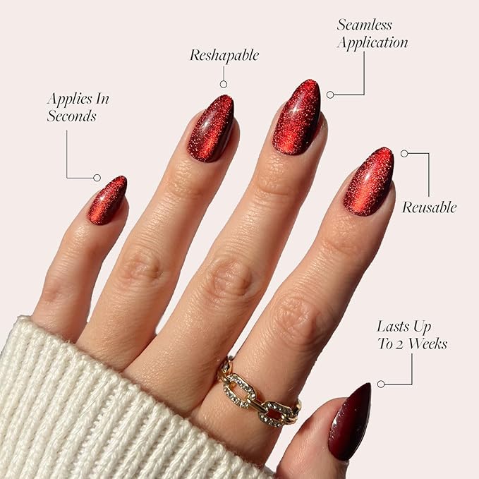 Glamnetic Press On Nails - Ruby Slipper | Deep Red Sparkly Short Almond Fake Nails with a Velvet Finish, Salon Quality | 15 Sizes - 30 Nail Kit with Glue