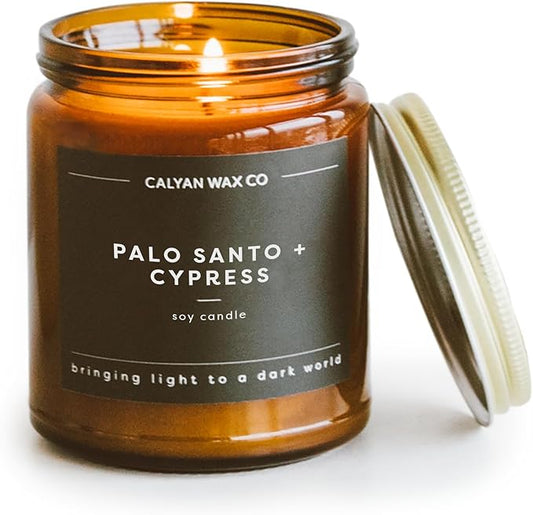 Calyan Wax Co. Palo Santo & Cypress Scented Candle - 57 Hour Burn - Luxury Non Toxic Soy Wax Candles - Long Lasting Amber Glass Jar Candle for Home - 7.2oz