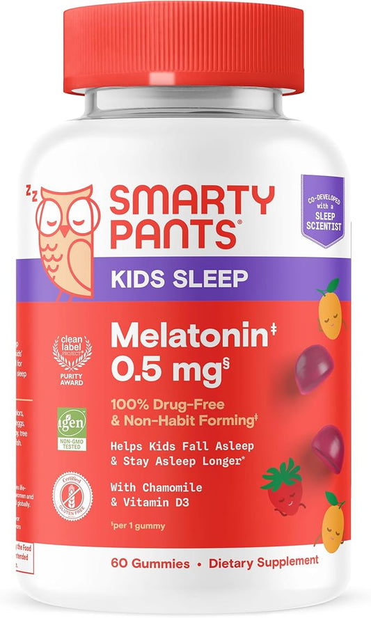 SmartyPants Kids Sleep Gummies Supplement with Melatonin 0.5mg: Chamomile & Vitamin D3, Sleep Aid, Strawberry Mango Flavor, 60 Count