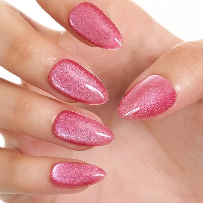 GLAMERMAID Pink Magnet Cat Eyes Press on Nails Short Almond, Handmade Jelly Gel Fake Nail Kits, Ombre Glitter Magnetic Glue on Nail Stiletto, Pink Aurora Medium Oval Stick on False Nail Set for Women