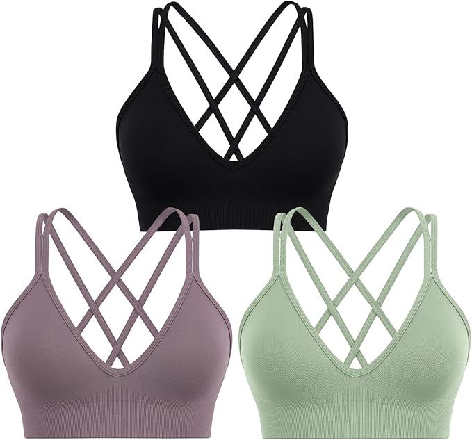 Sports Bra for Women V-Neck Strappy Criss Cross Yoga Bra Padded Medium Support Workout Gym Athletic Fitness Bras 3 Pack