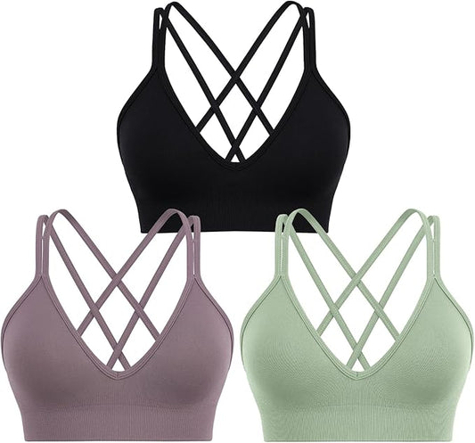 Sports Bra for Women V-Neck Strappy Criss Cross Yoga Bra Padded Medium Support Workout Gym Athletic Fitness Bras 3 Pack