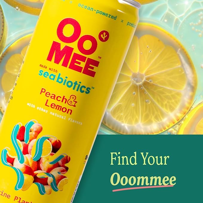 OoMee Prebiotic Beverage - Vegan, Sustainable Marine Sourced Prebiotics, Support Digestive Health, Plant-Based, Low Sugar (4 Pack, Peach & Lemon)