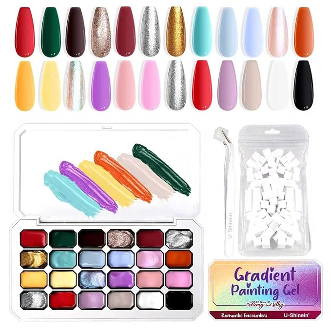 Gradient Painting Gel, 24 Bright Glitter Gold&Silver Black&White Pearlescent Colors Ombre Gel Nail Polish for Light Pigment Pat Nail Gel Kit French Manicure No-wipe DIY Nail Art Soak of UV C