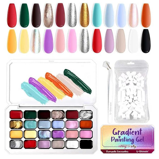 Gradient Painting Gel, 24 Bright Glitter Gold&Silver Black&White Pearlescent Colors Ombre Gel Nail Polish for Light Pigment Pat Nail Gel Kit French Manicure No-wipe DIY Nail Art Soak of UV C