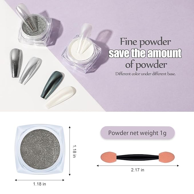 Artdone 2 Jars Chrome Nail Powder White Pearl and Silver Chrome,Iridescent Aurora Powder Metallic Mirror Effect Pigment Pearlescent Mermaid Pigment Glitter Dust Kit Acrylic Resin Craft