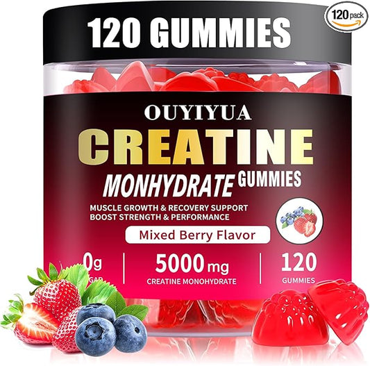 Creatine Monohydrate Gummies 5000mg for Men & Women - Sugar Free Pre-Workout Supplement, Chewables for Muscle Strength, Muscle Builder, Energy Boost, Mixed Berry Flavor, 120 Count