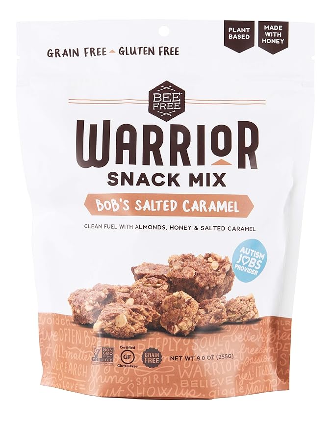 BeeFree Warrior Mix Gluten Free Granola - Chunky Granola Bites | Paleo, Low Carb, Grain Free, Preservative Free, Oat Free | Low Calorie Snacks | Bob's Salted Caramel, 9 Ounce Bag