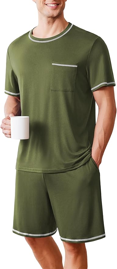 Ekouaer Men's Pajamas Set Casual Short Sleeve Shirts and Shorts Soft 2 Piece Loungewear With Pockets