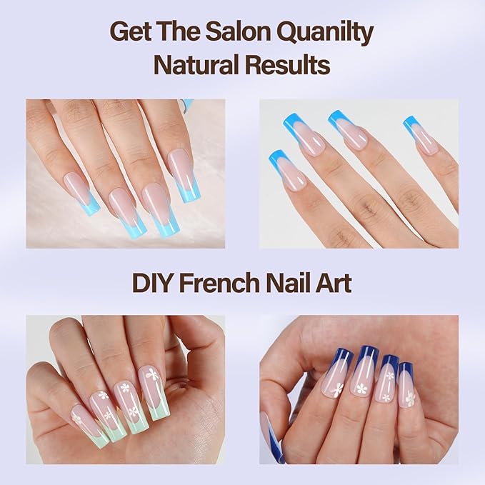 Misssix XBASICTIPS Blue French Tip Press On Nails, 150Pcs French Gel Nail Tips Long Square, Soft Gel Pre-shaped No Need to File 3 in 1 Tips, Fake Nails for Nail Art DIY Extension Designs 15 Sizes