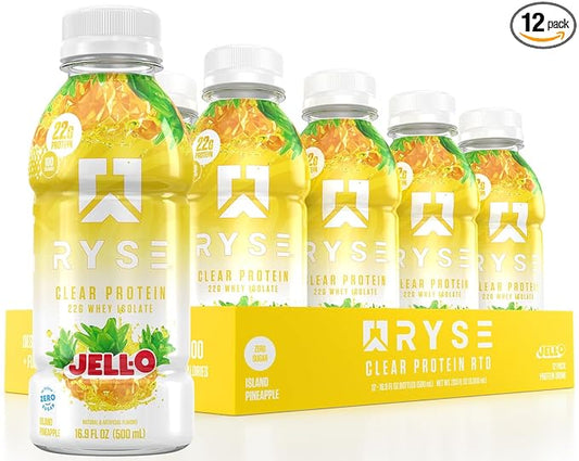 RYSE Clear Protein Shake - Jell-O Island Pineapple - 100 Calories, 22g Whey Isolate Protein, Sugar-Free, 0g Fat & Lactose-Free - Refreshing Ready-to-Drink Beverage - 16.9 fl oz Bottles (12-Pack)