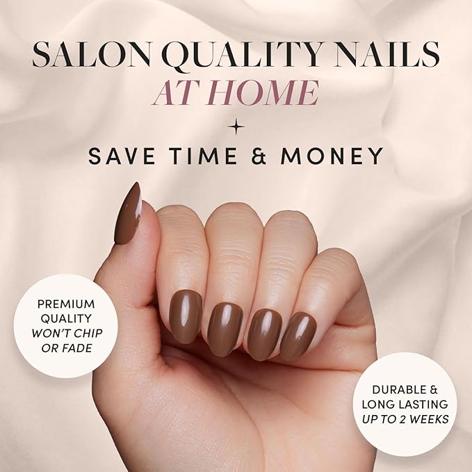 Glamnetic Press On Nails - Chocolate Brown | Opaque Muted Soft Brown Short Oval Fake Nails, Salon Quality | 15 Sizes - 30 Nail Kit
