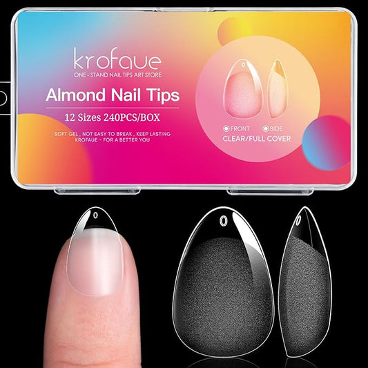 krofaue Almond Nail Tips 240pcs - Half Matte Short Press On Nails, 12 Sizes Pre-Shaped Extra Short Clear Tips for Full Cover Nail Extensions DIY