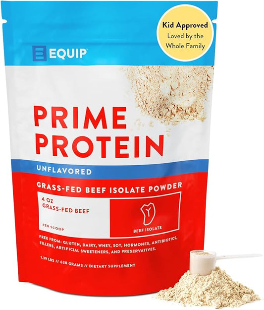 Equip Foods Prime Protein Powder | Clean, Grass Fed Beef Protein Powder | Carnivore Protein Isolate | Paleo, Keto Friendly | Gluten & Dairy Free | Helps Build & Repair Tissue | 30 Servings, Unflavored