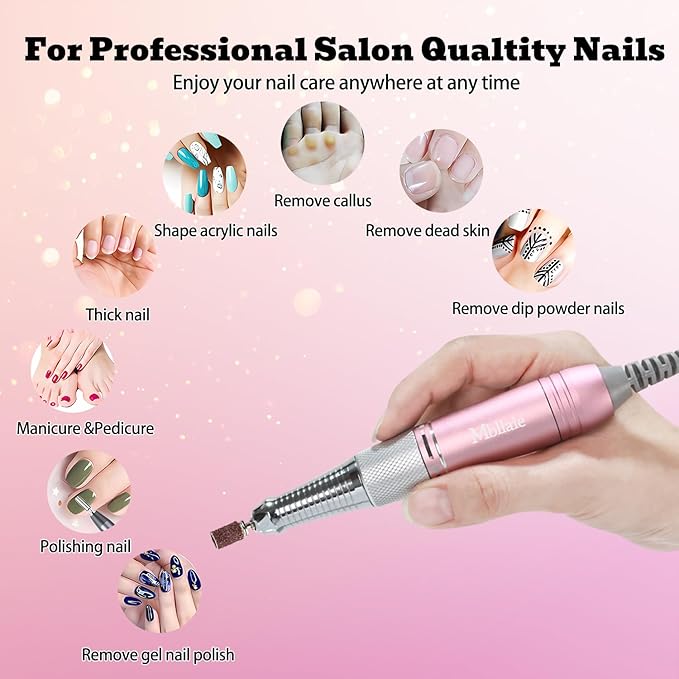 Professional Nail Drill File 45000RPM Electric Portable Nails Drills Kit with Rechargeable 7 uñas Bits Cordless Efile for Poly Gel Acrylic Nails Remover Home Salon Pedicure Manicure Tool (Rose Pink)