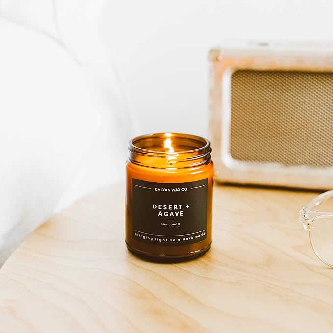 Calyan Wax Co. Desert & Agave Scented Candle - 57 Hour Burn - Luxury Non Toxic Soy Wax Candles - Long Lasting Amber Glass Jar Candle for Home - 7.2oz