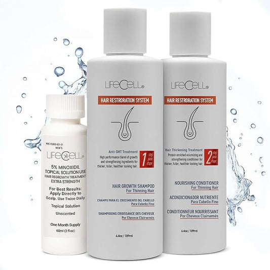 LifeCell Hair Restoration System for Men 5% – Hair Growth Treatment with Minoxidil, Anti-DHT Shampoo & Conditioner – Thicker, Fuller Hair – Supports Scalp Health & Hair Regrowth
