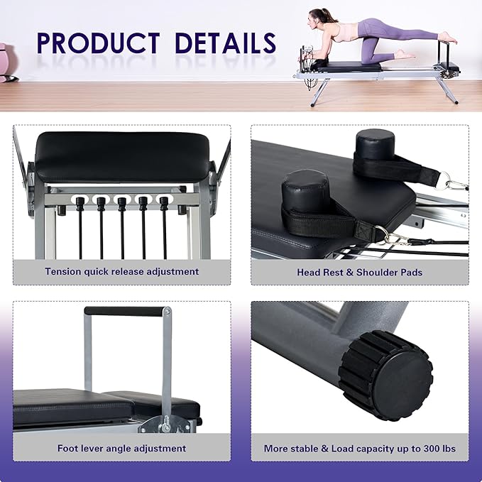 DlandHome Pilates Reformer, Foldable Pilates Reformer Machine with Springs & Resistance, Suitable for Advanced and Beginners Users Adjustable Pilates Equipment for Full-Body Home Workout Up to 330 lbs