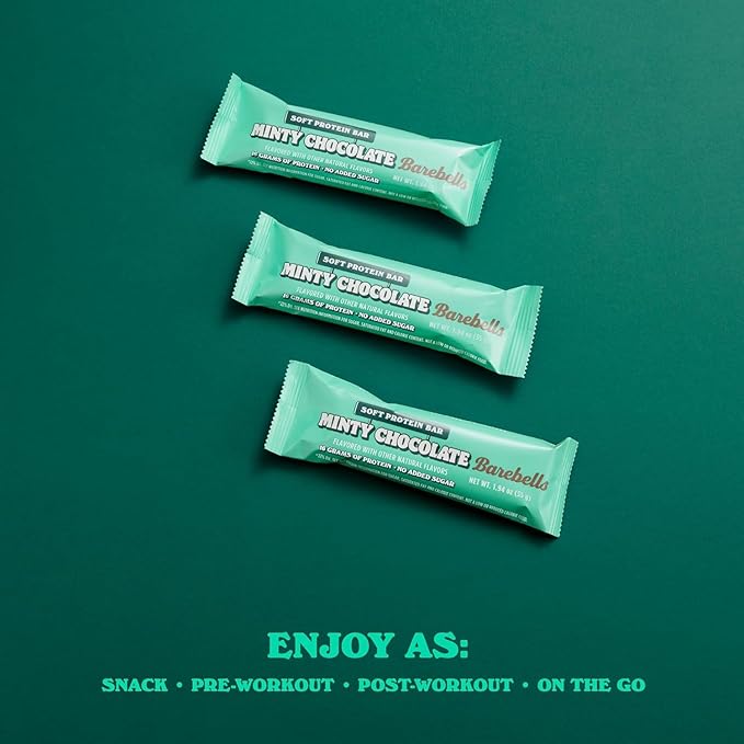 Barebells Soft Protein Bars Minty Chocolate - 24 Bars (2 Packs of 12) -16g High Protein Treats - Chocolate Nutrition Bar with 1g Total Sugars - On The Go Breakfast or Post-Workout Snack