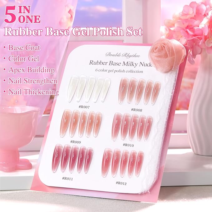 Double Rhythm 6 Pcs 15 ML Gel Polish Set Same Color Same Bottle Soak Off Gel Polish Kit Nail Art Manicure Salon DIY at Home for Women (Milky Nude Pink Rose Purple -T6-85)