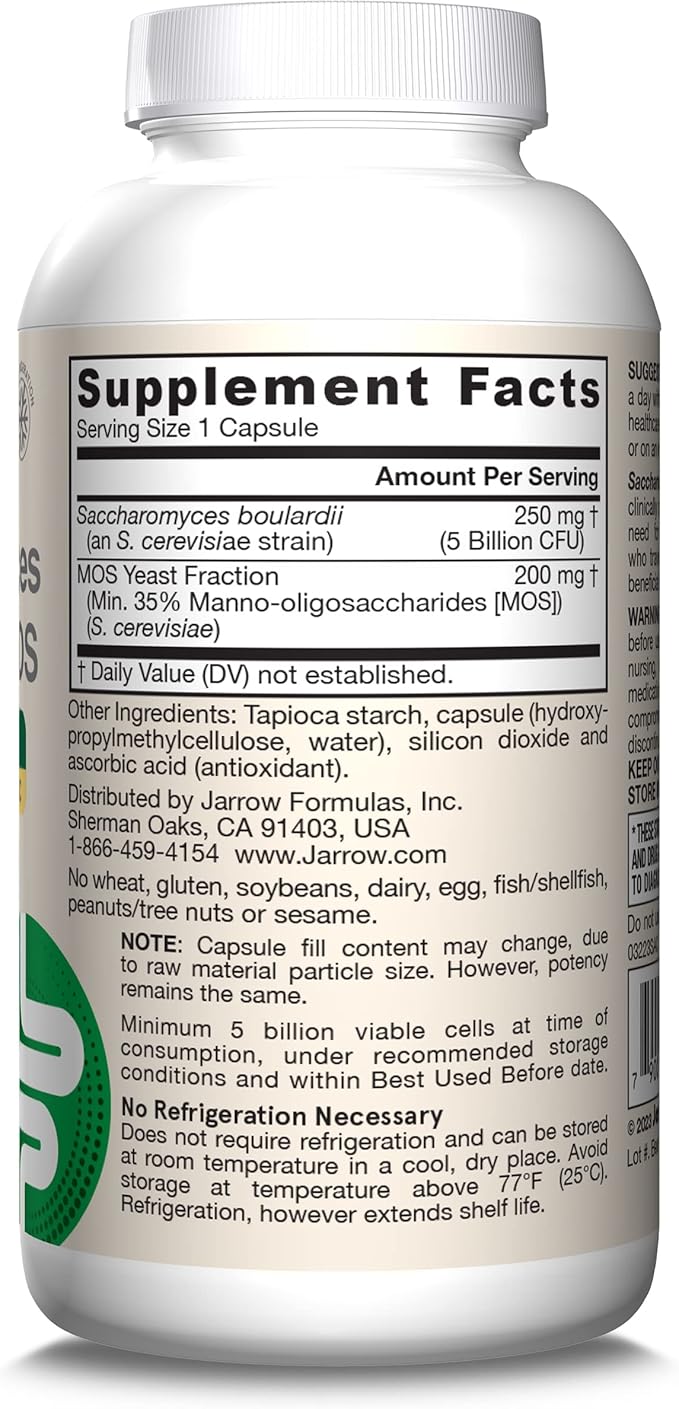 Jarrow Formulas Saccharomyces Boulardii Probiotics + MOS 5 Billion CFU Probiotic Yeast for Intestinal Health Support, Gut Health Supplements for Women and Men, 90 Veggie Caps, 90 Day Supply,Pack of 12