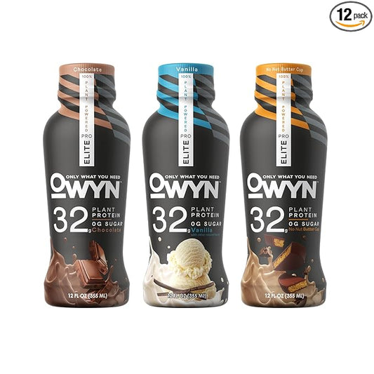 OWYN Only What You Need Pro Elite Vegan High Protein Keto Shake, 32g Protein, 9 Amino Acids, Omega-3, Prebiotics, Workout and Recovery, 0g Net Carbs, Zero Sugar (Variety, 12 Fl Oz (Pack of 12))