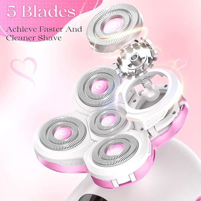 Electric Razors for Women, Rechargeable Rotary Painless Shaver for Legs Bikini Facial Hair Removal, Body Wet/Dry Razor Water Resistant Grooming Kit, Cordless Womens Trimmer for Lady Grooming (Pink)