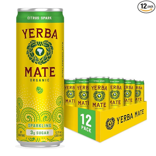 Yerba Madre Organic Sparkling Yerba Mate, Citrus Spark, Low Sugar, 80mg Natural Plant Based Caffeine, Smooth Energy & Focus, Carbonated, 12 Oz (Pack of 12) (Packaging May Vary)