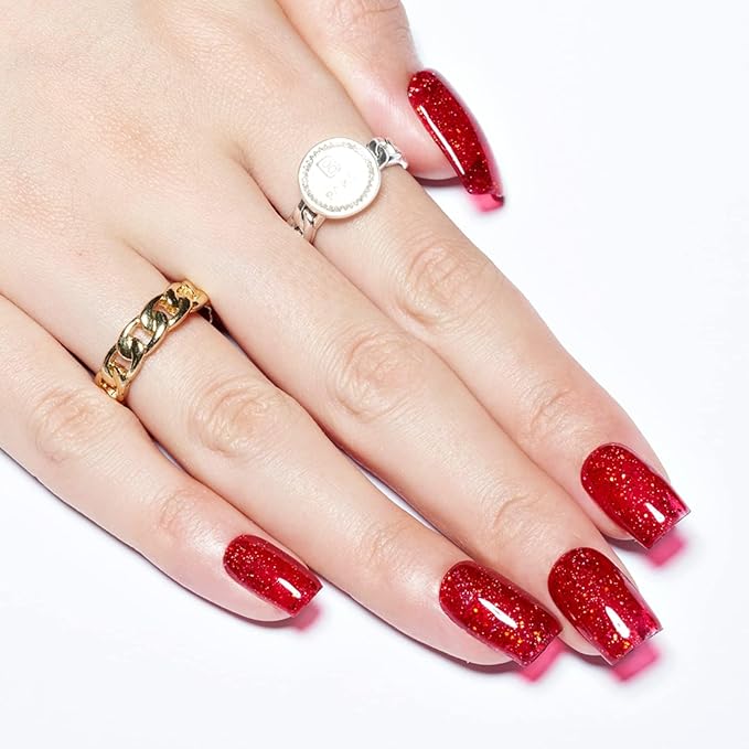 GLAMERMAID Glitter Bright Red Press on Nails Medium Square, Handmade Jelly Soft Gel Nails Square Fake Nails, Glossy Stick Glue on Nails Kit for Women, Reusable Stick on Acrylic Fake Nails Manicure Set