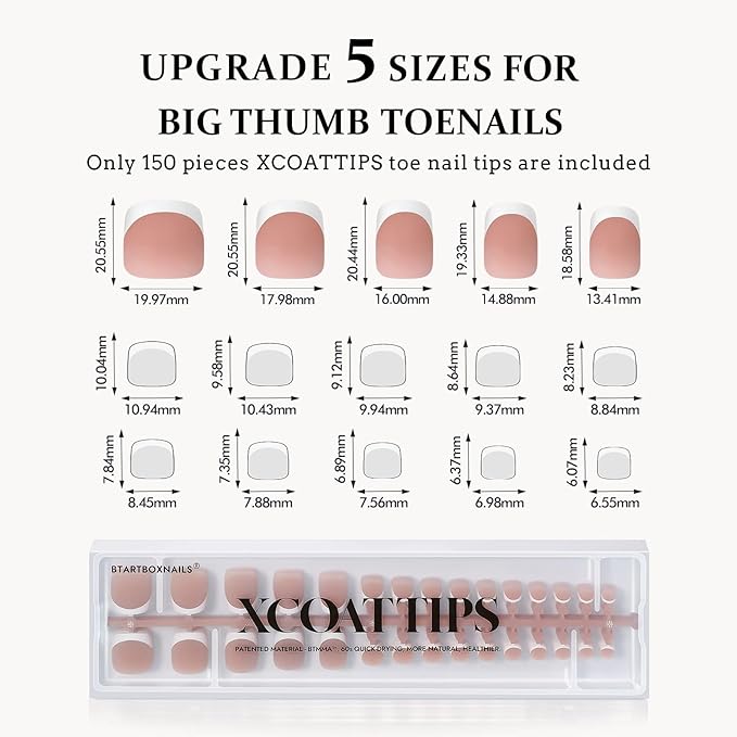 BTArtboxnails XCOATTIPS Toe Nail Tips - Upgrade Bigger Size French Tip Press On Toenails, Brown Soft Gel Toe Press On Nails, 150pcs Soak Off Fake Toe Nails Extensions
