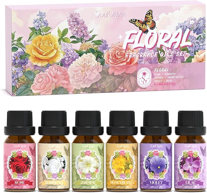 Floral Essential Oils Set, Fragrance Oil Gift Set for Diffuser, Natural Scent Diffuser Oil for Candle Making- Rose, Gardenia, Jasmine, Honeysuckle, Violet, Lilac