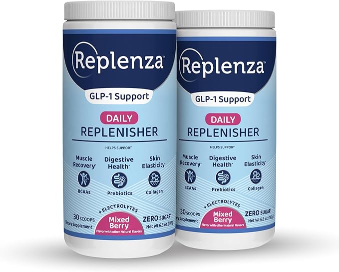 Daily Replenisher GLP-1 Nutritional Support, Powder, Muscle Recovery, Digestive Health & Skin Elasticity Mix of Amino Acids, Prebiotics and Collagen Peptides – Berry Flavor, 2 pk of 30 Scoops