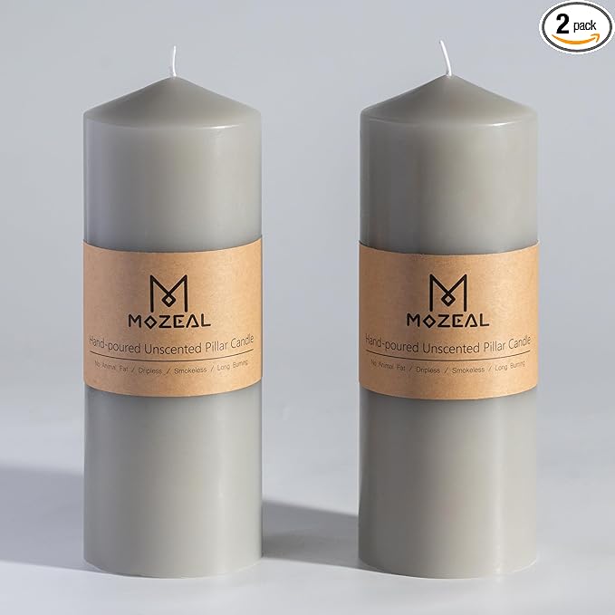 MOZEAL 3" x 8" Hand-Poured Unscented Candles,Large Gray Pillar Candles Set of 2,No Drip,Approx 120 Hours Long Burning,Wedding,Dinner,Christmas and Home Decor（3 Inch Diameter 8 Inch Height）