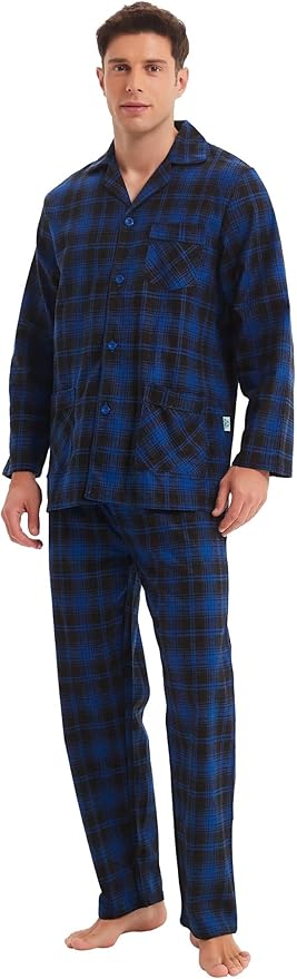 GLOBAL Men's Pajamas Sets 100% Cotton Flannel Sleepwear Long-Sleeve top & Bottom