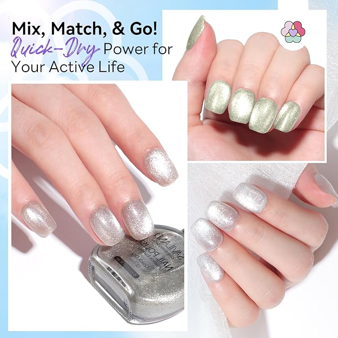 SAVILAND Glass Bead Cat Eye Nail Polish Set: Quick Dry 6 Colors Magnetic Nail Polish with Magnet 12-Free Fingernail Polish Air Dry Nail Lacquer Bulk for Beginners Home Use Women Gift