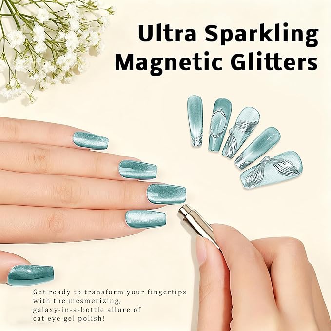 Gel Nail Polish Set, Cat Eye Gel Polish Kit, Holographic Reflective Magnetic Shimmer Blue Red Brown Purple Green Gray Glitter Nail Art, Manicure Salon DIY, Soak Off, UV/LED Cured (9 Colors F)