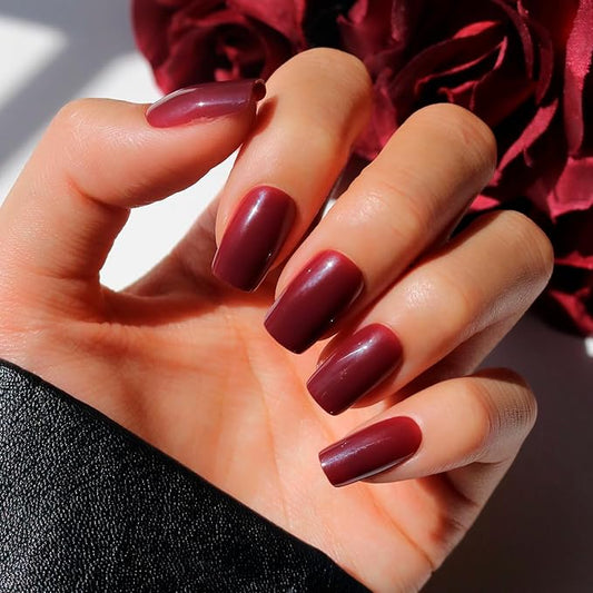 Glamnetic Press On Nails - Cherry Mocha | Dark Red Medium Square Fake Nails with a Glossy Finish, Salon Quality Halloween Nails | 15 Sizes - 30 Nail Kit with Glue