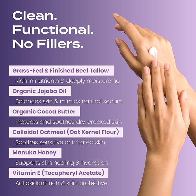 Body Restore Grass Fed Whipped Beef Tallow for Dry Skin, Face - Manuka Honey, Jojoba Oil, Christmas Stocking Stuffers, White Elephant, Birthday Gifts for Women, Men, Travel Essentials - Lavender