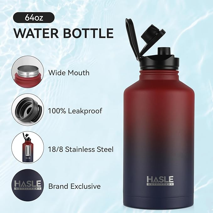 HASLE OUTFITTERS Half Gallon Insulated Water Bottles 64 oz, Stainless Steel Metal Water Jug with 2 Lids Keep Cold 48h/Hot 24h, Leak Proof & BPA-Free Water Flask Jug(Ruby Purple Gradient,1)