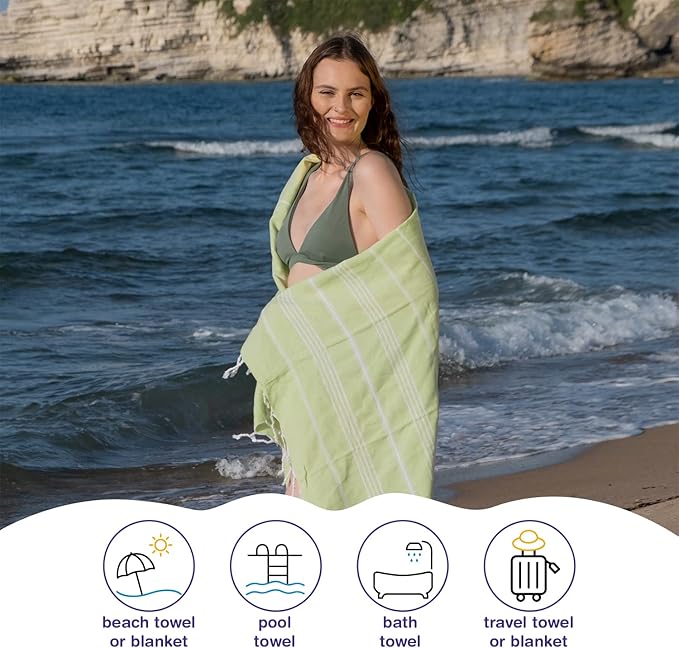 Turkish Beach Towels, Pack of 4 | Oversized, Quick Dry, Sand Free | 100% Cotton, Large 38x71 Towels for Beach, Pool, Travel | Ultra-Soft, Compact, and Absorbent | Pistachio Green