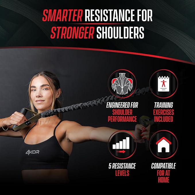 4KOR Cross Anchor Shoulder Performance Training System. Resistance Cords with Handles and Dynamic Workout Guide. Exercise Bands with Nylon Sleeves, Rubber Grips, and Carry Bag for Rehab and Strength
