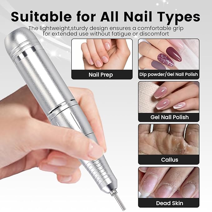45000RPM Professional Cordless Portable Nail Drill Cordless Low Noise Nail Filer Electric Machine with Efile Bits & Base for Acrylic Nails, Nail Buffer Machine for Salon Home (Grey)