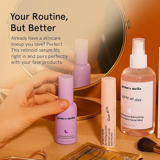 grace & stella Retinol Serum for Face with Hyaluronic Acid (50ml/1.7 fl oz) - Restoring Retinol Hyaluronic Acid Serum for Face to Reduce Fine Lines & Wrinkles - Acido Hialuronico - Vegan Skincare